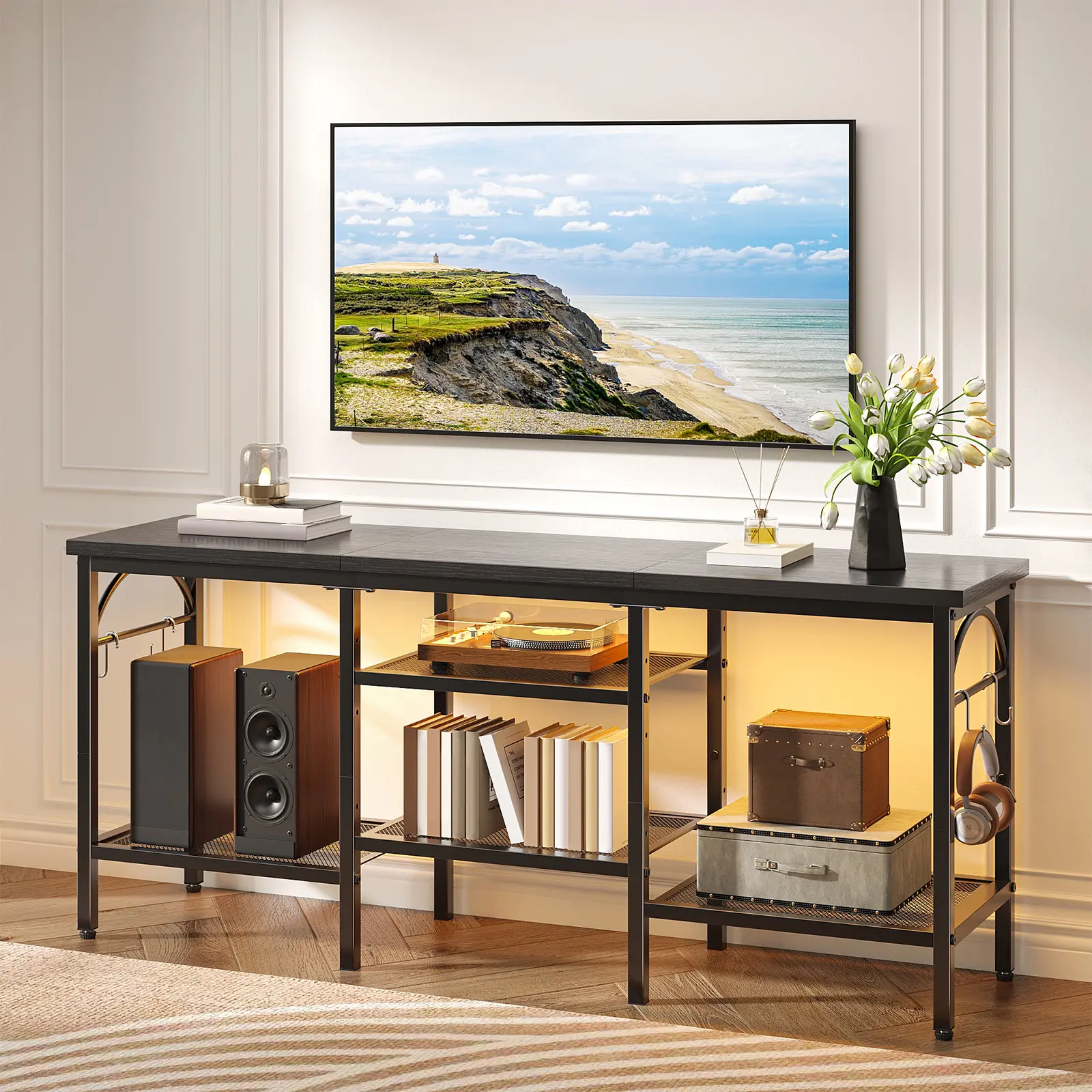 Pinmoco 47-in LED Electric Fireplace TV Stand - Adjustable Indoor Furniture Entertainment Center with Storage for Living Room, Gaming Room