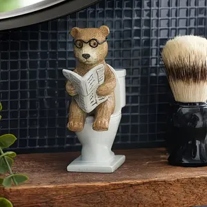 Funny Resin Bear Reading Toilet Figurine, Bathroom Decor Statue with Glasses, Glasses Bear, Humorous Home Ornament