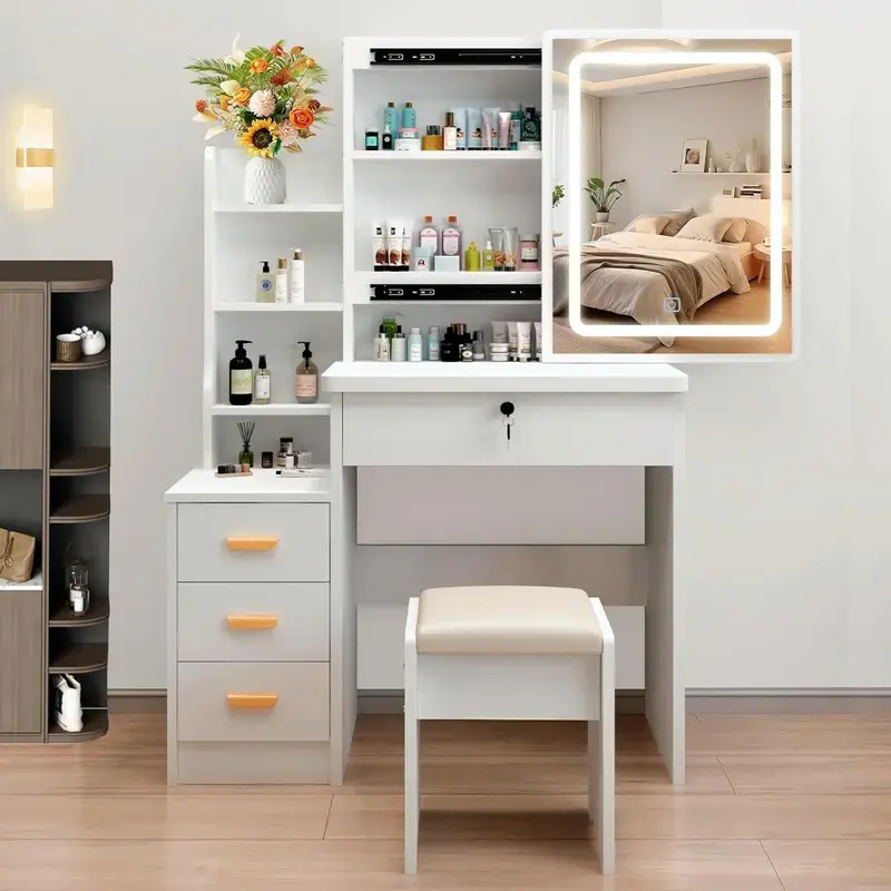 Modern White Vanity Desk with Mirror & LED Lights 3 Modes European Style Dressing Table 4 Drawers Shelf Makeup Dresser for Bedroom Girls Women Glass Top  Mother'sDay Gift