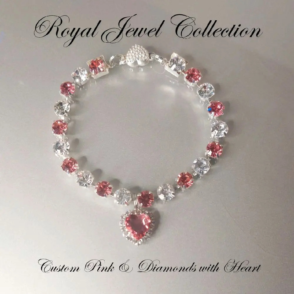 Pet Collar Custom Pink & Diamond Crystal Heart Necklace Magnetic Breakaway Safe for Dogs & Cats