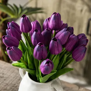 12/24 Pcs Artificial Tulip Bouquet - Realistic Purple Tulips with Green Leaves, Durable Plastic Fake Flowers, Suitable for Home, Office, Weddings, Valentine's Day, Mother's Day, Thanksgiving, Day of the Dead