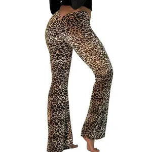 Women's Leopard Print Flare Pants with Back Twist Detail 2026 Spring Fall New Retro Sexy Must-Have for Nightclub Party Vintage Slim Fit Long Trousers