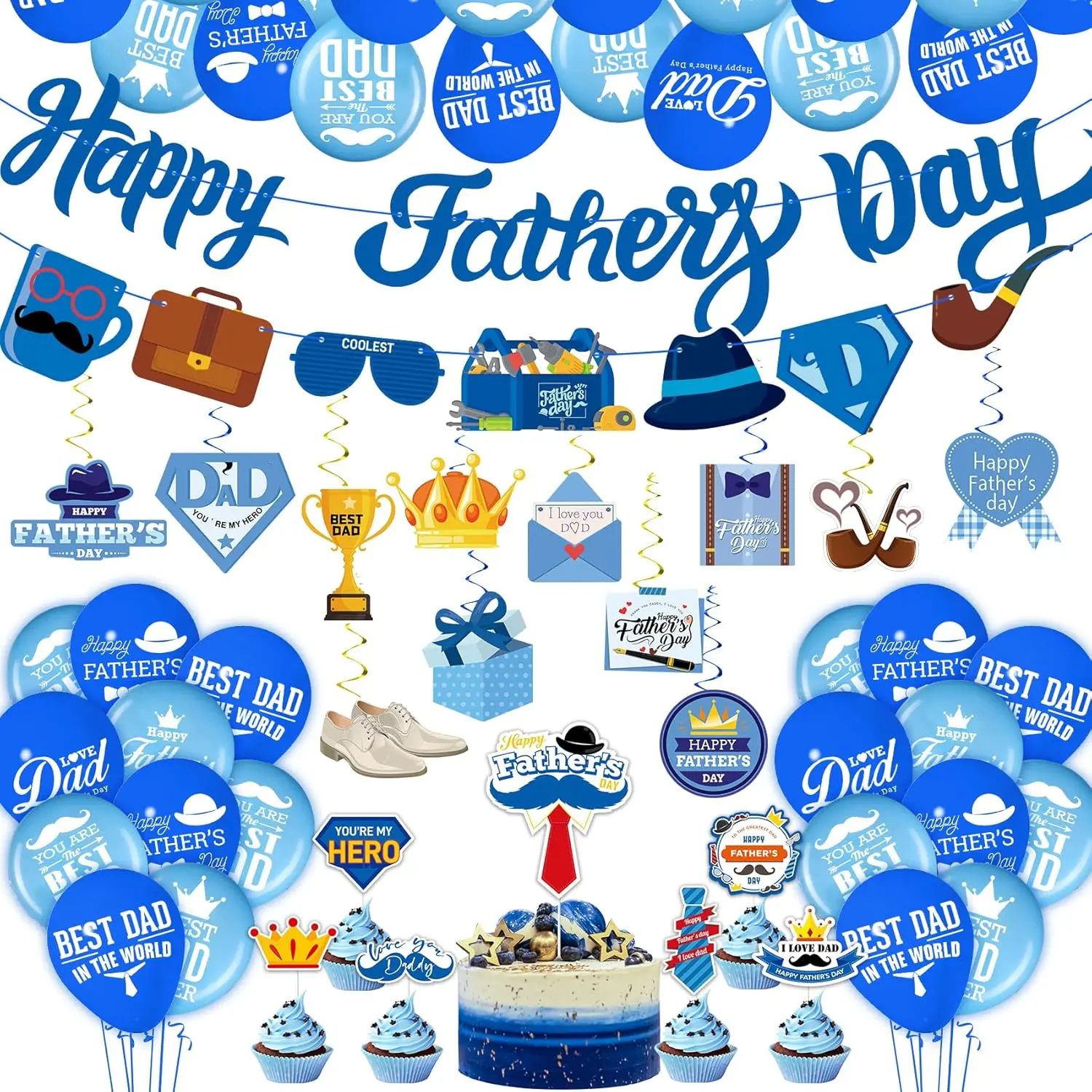 64-Piece Father's Day Full Party Decoration Set - Red & Mint Printed Banner, Thick Cardboard Cake Topper, Longer-Lasting Latex Balloons, 14 Ceiling Hangings, Home & Festive Supplies