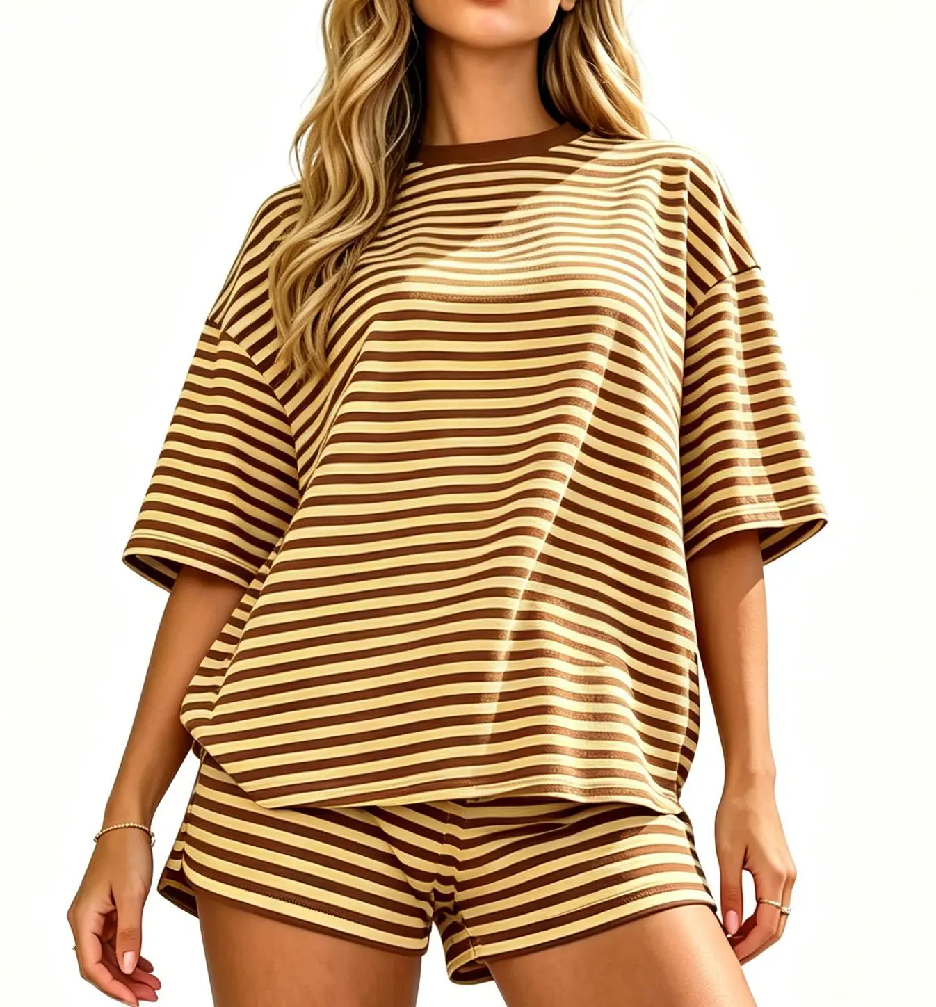 Women’s Y2K Striped Knit Two-Piece Loungewear Outfit, Oversized Short Sleeve T-Shirt + Drawstring Elastic Waist Shorts, Soft Co-ord Matching Set, Casual Daily Homewear, Vacation & Streetwear
