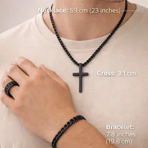 Men’s Cross Necklace Jewelry Set – Stainless Steel Chain, Cuban Link Bracelet & Ring, Christian Pendant Set