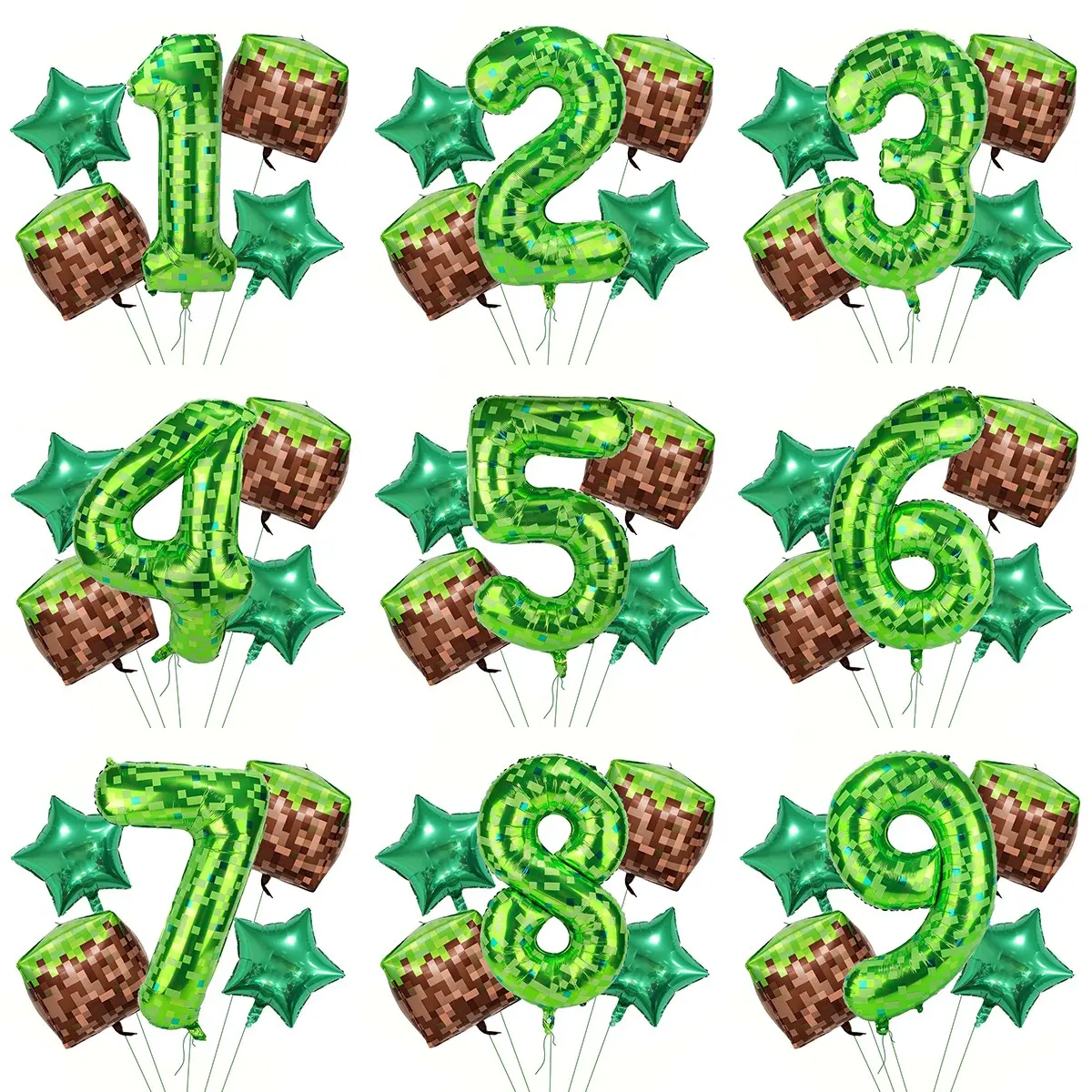 5-Piece Set 40-Inch Pixel Miner Aluminum Foil Balloon Kit, Large Polyester Film Mining Theme Number Balloons 0-9, Birthday Party Decorations, Balloon Party Supplies