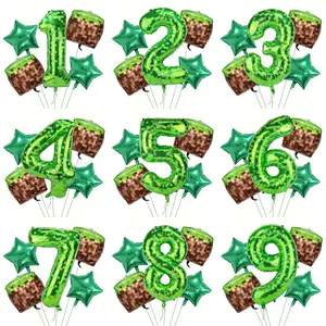 5-Piece Set 40-Inch Pixel Miner Aluminum Foil Balloon Kit, Large Polyester Film Mining Theme Number Balloons 0-9, Birthday Party Decorations