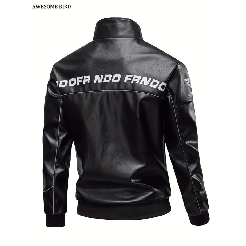 Men's PU Leather Racing Style Zip-up Jacket - Green and Black Color-block, Stand Collar and "HOOD FRENDS" Pattern Print, Casual Streetwear, Casual Clothing, Daily Jacket | Modern Casual Jacket | Smooth Leather Jacket