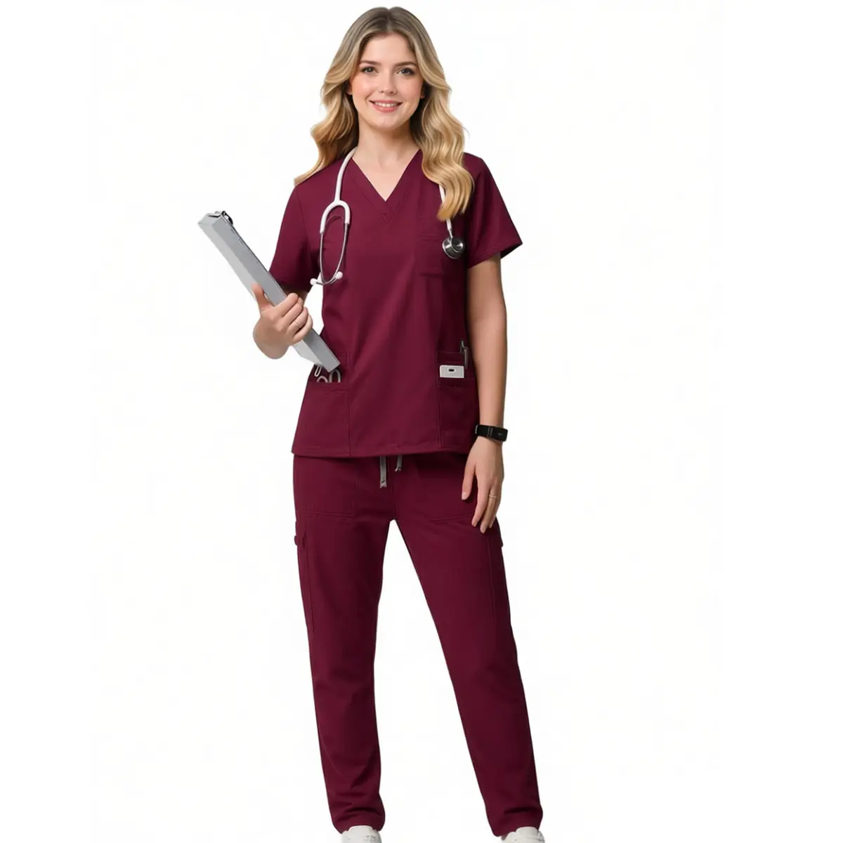 VICOGARD Women's 9-Pocket Scrub Set Soft Stretch Medical Uniform V-Neck Top & Pants Easy Care Nursing Scrubs 95% Polyester 5% Spandex Casual Burgundy Red
