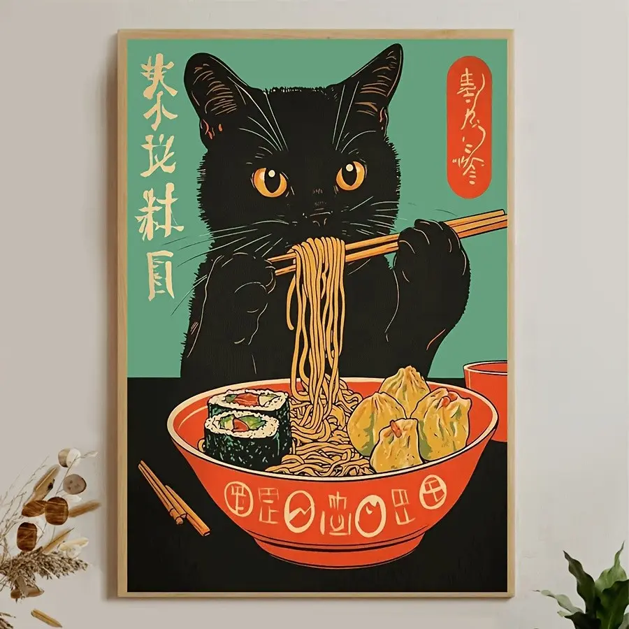 Japanese Ramen Cat Poster, Cartoon Animal Canvas Print, Print Design, Art Illustrations, Fun Wall Art, Aesthetic Wall Decor, Cute Decoration, Gift Idea, Home and Dorm Decor, Bedroom