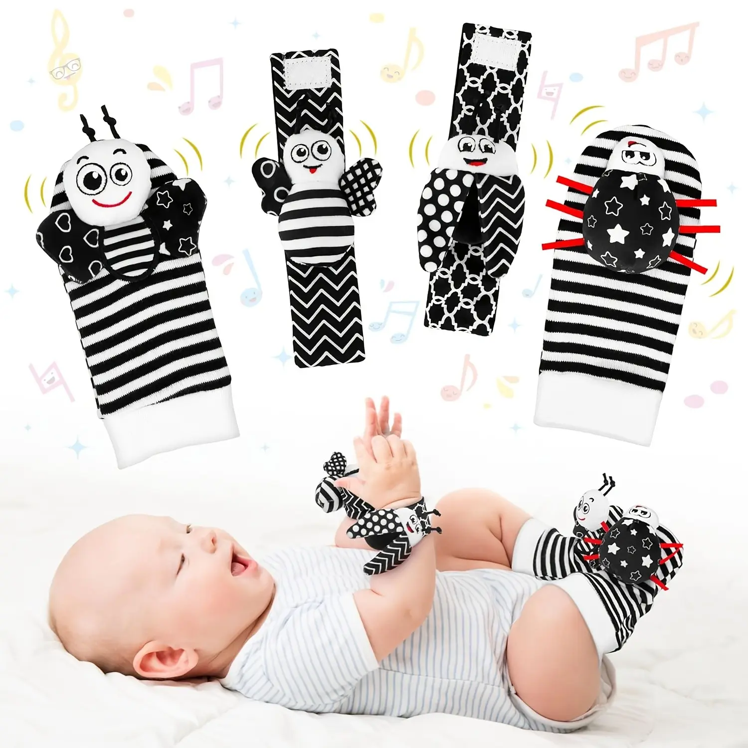 4 Pcs/2 Pcs Baby Wrist Rattles Sock Toys, Newborn Baby Sock Toys, Foot Finder and Wrist Rattle Set, Infant Rattle Socks Toy, Soft Sensory Toys for Toddlers, Soft Comfy Socks