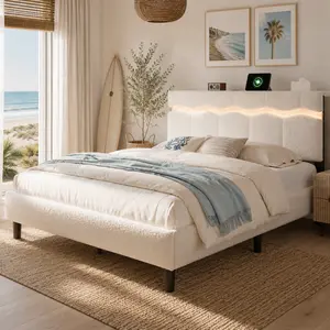 【Dorm Design】Raybee Luxury Boucle Bed Frame for Full/Queen/King Size with Upholstered Cushioned Headboard with Shelf,  Modern LED Platform Bed Frame with Power Outlet for Bedroom, Domitory, Apartment with Under Bed Storage, 880LBS Capacity, Gray, Beige