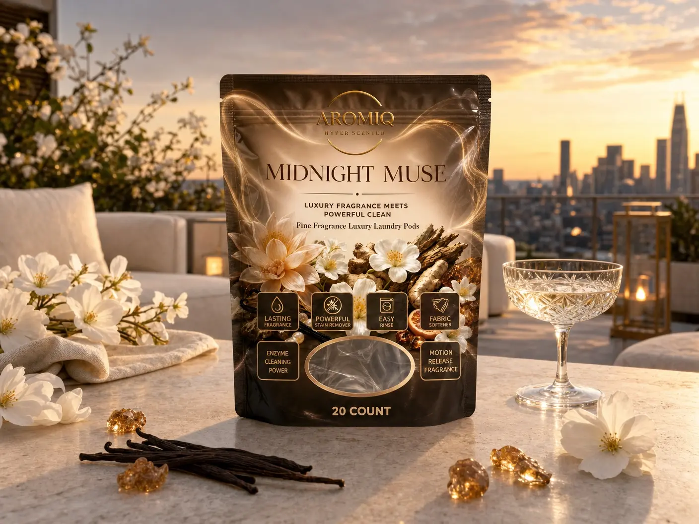 Aromiq Hyper Scented Midnight Muse Premium Laundry Pods - 20-Count 8x Concentrated Dye-Free Cleaner Laundry Fragrance Pods with Clean Ingredients, Woody & Amber Scented Detergent for Green Cleaning, Tough Odor & Stain Removal