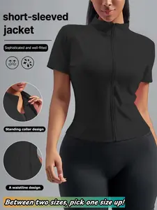 Women's Summer Short Sleeve Zipper Jacket, High Stretch Quick Dry Gym Yoga Top, Sporty Slim Fit Running Sports Outerwear, Sport Activewear, Sports Fitness Outerwear