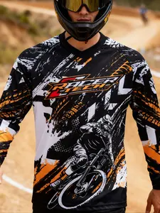 Motorcycle Off-Road Long Sleeve Shirt, Sporty Style, Random Print Pattern, All Seasons Wear, Fitted Fit, Moderate Fabric Thickness, Biker T Shirt