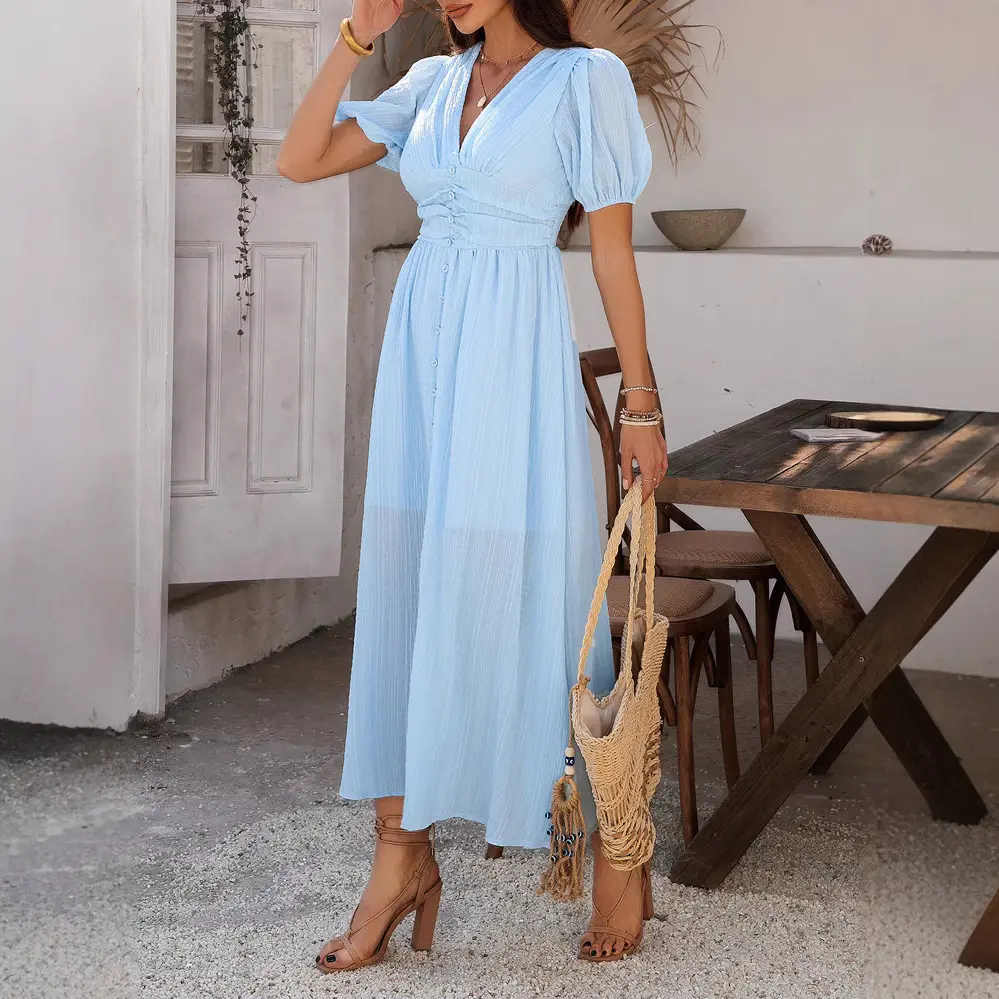 Women Casual Summer Flowy Maxi Dress, A Line Deep V Puff Sleeve Dresses, Empire Waist Smocked Wedding Guest Outfit