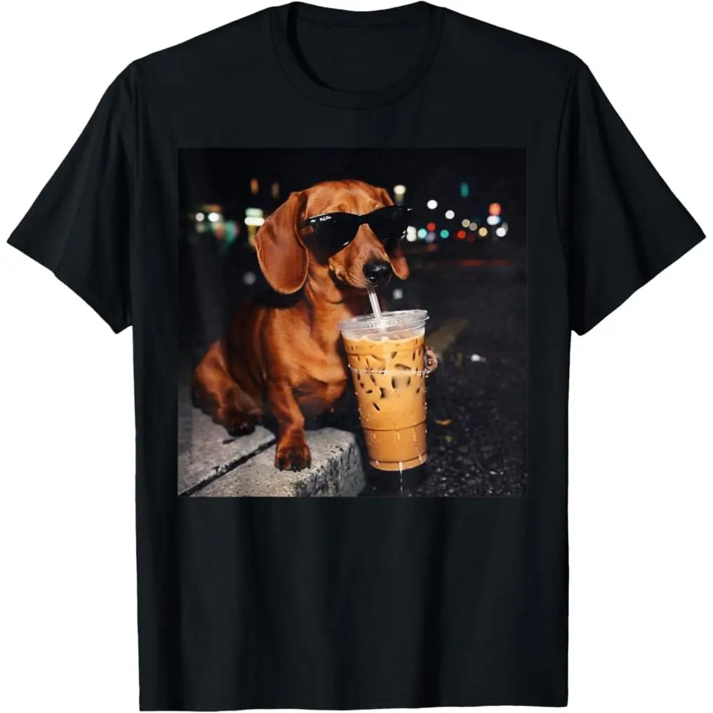 100% Premium Cotton T-Shirt Funny Dachshund Drinking Iced Coffee Lover Humor T-Shirt