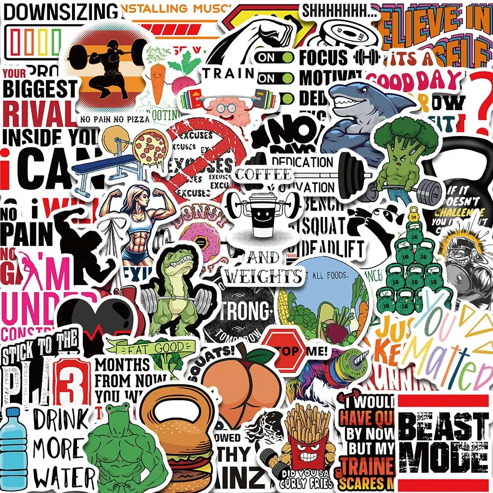 Fitness Themed Sticker (50pcs/set), Cartoon Exercise Encouragement Sticker, Decorative Sticker for Phone Case, Water Bottle, Laptop, Scrapbook, Ornaments