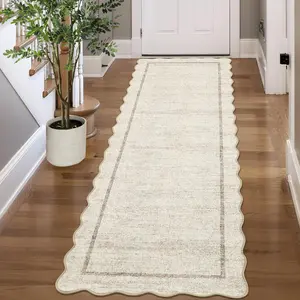 Scalloped Rug Runner 2x8 Washable Runner Rug Non Slip Hallway Rugs Indoor Neutral Kitchen Long Mat Soft Non-Shedding Floor Cover Low Pile Thin Foldable Throw Rugs for Bedside Entryway Beige