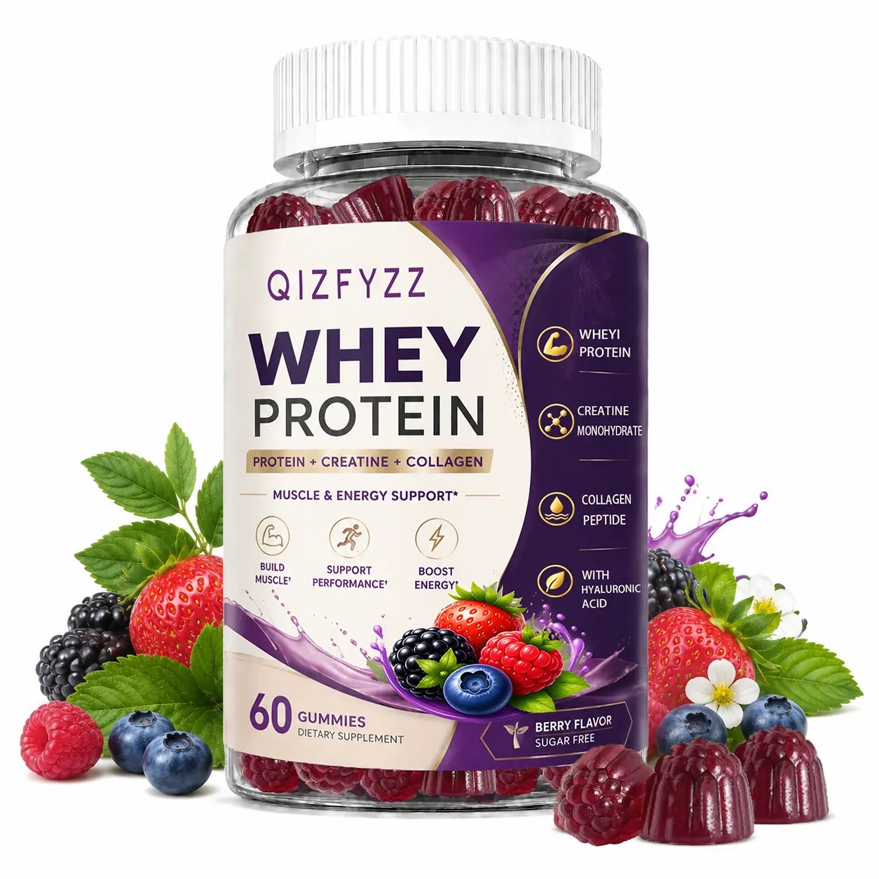 3-in-1 Whey Protein Gummies | Whey Protein + Creatine Monohydrate + Collagen Peptides | Zero Sugar High-Protein Nutrition Supplement | Muscle Growth & Energy Support | Berry Flavor | 60 Gummies | Unisex Formula