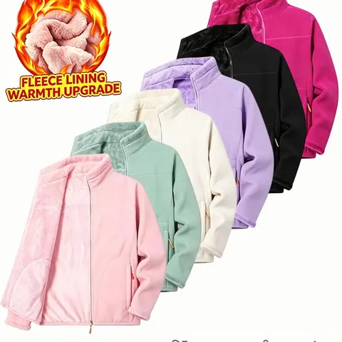 LIFE KEEPS MOVING women’s fleece jacket, basic full-zip stand-collar jacket, lightweight outdoor casual top, long sleeves, ultra-soft, comfortable, fashionable women’s fleece warm jacket