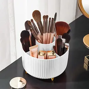 360° Rotating Makeup Brush Holder Organizer, 5-Slot White Cosmetic Brush Cup for Vanity, Nail Polish, Art Supplies & Bathroom Desktop