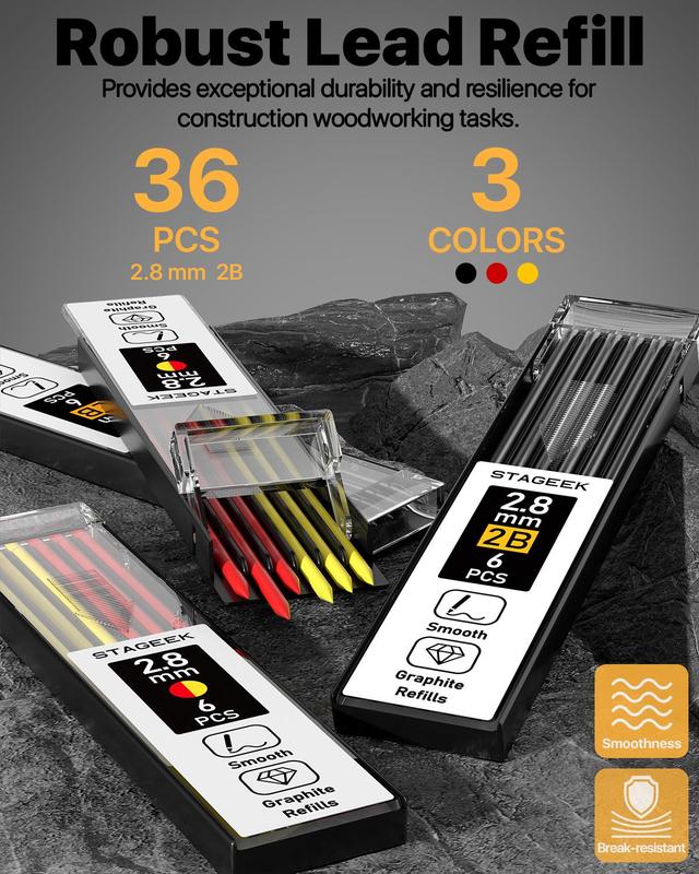 STAGEEK 3 Pack Carpenter Pencil with Sharpener, Mechanical Carpenter Pencils with 39 Refills, Heavy Duty Construction Pencil with Sharpener, Deep Hole Long Nib Marker Pens for Architect Marking - With Case