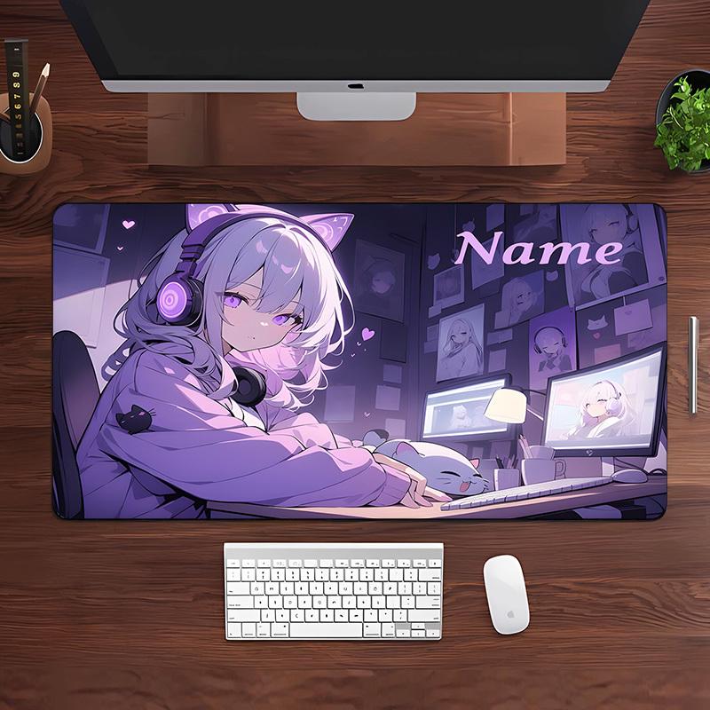Anime Girl Gaming Desk Mat & Mouse Pad - Custom Name Personalized Non-Slip Rubber Base, Large Keyboard & Mouse Surface with Japanese Anime Characters, Home Office & PC Gaming Accessories, Ideal Gift for Gamers