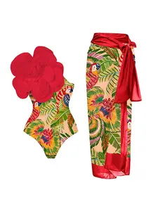 OYV Women‘s Hand-Stitched 3D Flowers Detachable Shoulder Strap One Piece Swimsuit and Sarong