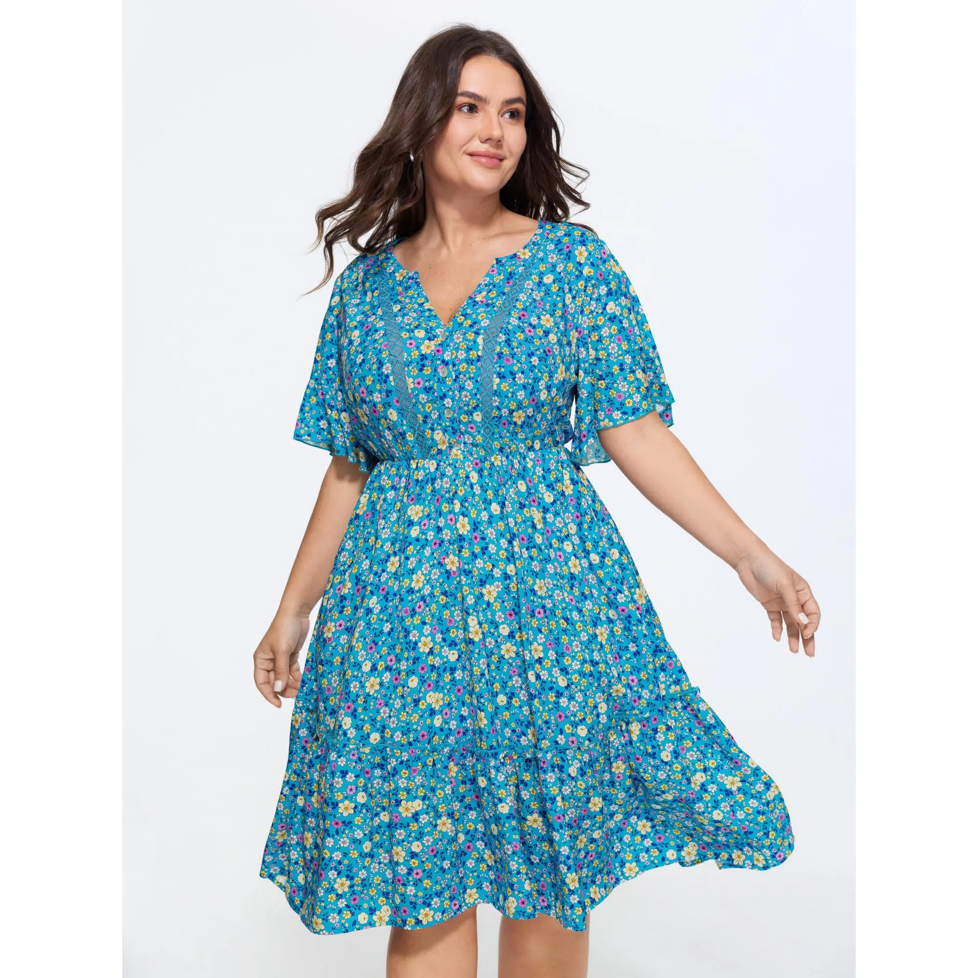 BloomChic Plus Size Curvy Ditsy Floral Midi Dress, Casual Rayon Summer Dress with Short Flutter Sleeves, Lace Trim and Button Front, Low Iron, Curvy Clothing, Curvy Women Plus Size