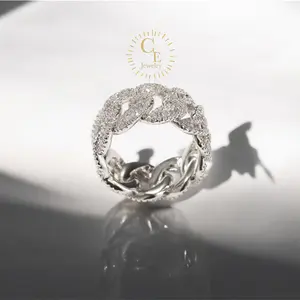 CEJEWELRY New Cuban Band Ring Iced Out Platinum Plated Cuban Link Baguette CZ Rings for Women Men Hip Hop Unisex Finger Ring Gift