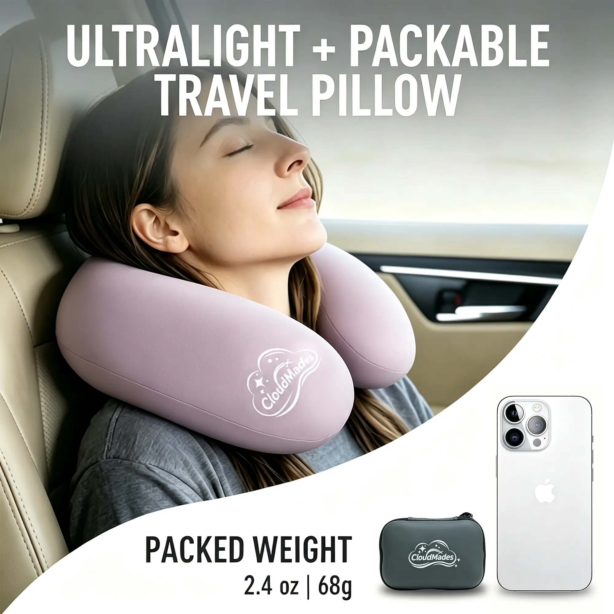 CloudMades Travel Neck Pillow, Premium Inflatable 360° Head Support, Only 2.4oz Ultra Lightweight, Breathable & Washable Cover, Portable Storage Box, Ideal for Airplane, Train, Car Travel