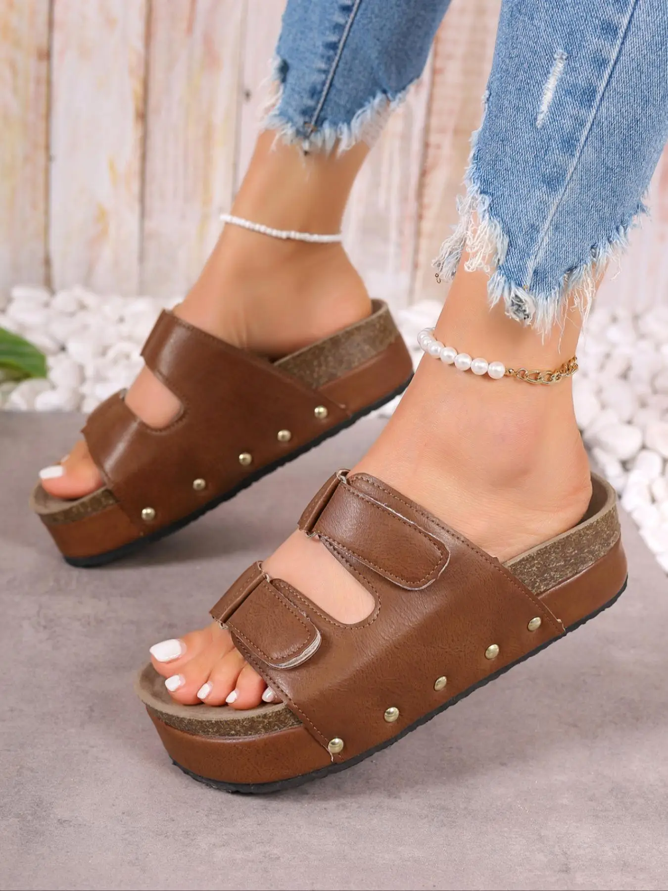 Women's Boho Style Solid Color Platform Wedge Sandals, 2024 Fashionable Summer New Comfortable Slip on Sandals, Girl Lightweight Breathable Walking Sh