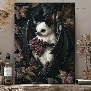 Uniquely Styled Solid Wood Framed Canvas Art: "Mysterious Bat and Grapes" — An Ideal Choice for Indoor and Outdoor Home Decor; Suitable for Offices, Bedrooms, Cafés, Schools, and Art Settings.
