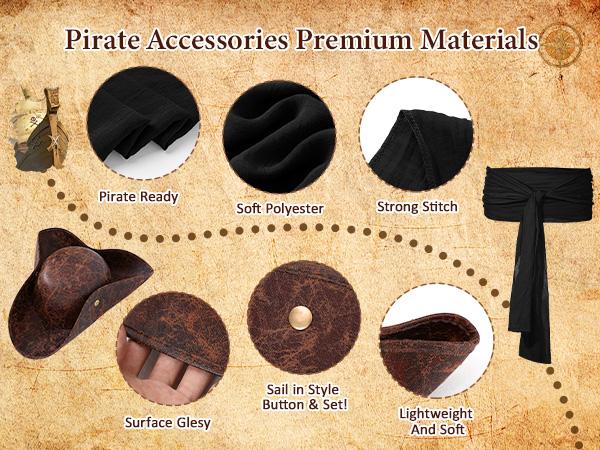 6 Pcs Unisex Pirate Costume Accessories Set, Men Women for Halloween Costumes Distressed Leather Tricorn Hat, Skull Eye Patch, Black Sash Belt, Earring, Skull Pendant Necklace & 4 braided Bracelets for Pirate Cosplay Party