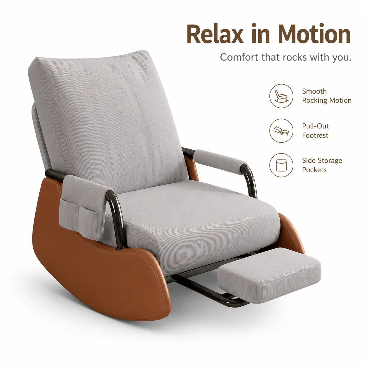 Gray Fabric Rocker Chair for Adults, Comfortable Glider Recliner with Thick Cushion for Bedroom and Nursery Relaxation