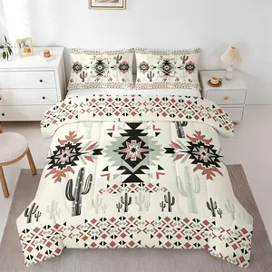 2/3Pcs Boho Western Cactus Tribal Comforter Set, Aztec Geometric Print Quilt Bedding Set with Pillowcases, Neutral Desert Tones Bedding for Teens Girls Bedroom, Southwestern Aesthetic Home Decor, Perfect Gift for Western Home Lovers