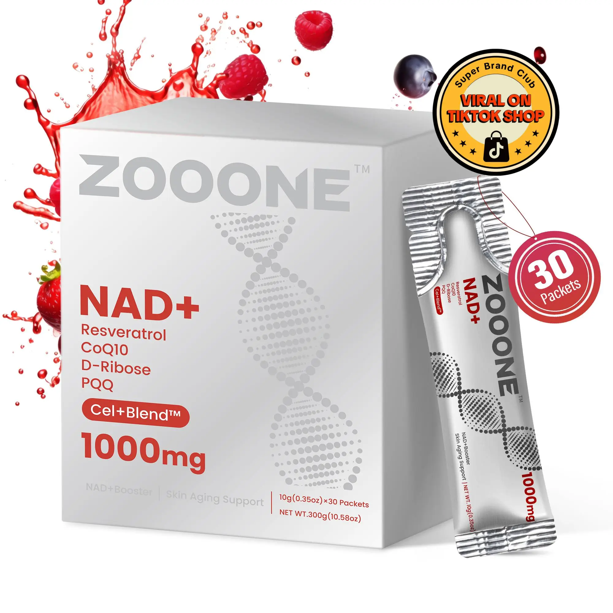 ZOOONE 1000mg NAD+ Berry Flavor Drink Mix for Skin Aging Support, Energy, and Fo...
