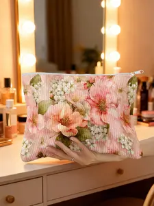 1pc, Versatile Large Spring Floral Blooms Design Corduroy Makeup Bag, Travel and Daily Cosmetic Organizer, Washable Material, Zipper Closure, Multi-Use Storage Pouch
