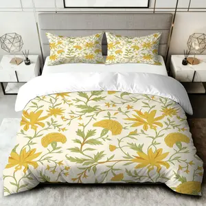 3PCS Duvet Cover Set, 1 Duvet+2 Pillowcases(Without filler), Yellow Floral Design Botanical Pattern Nature Vintage Classic theme, Spring bedding set, elegant Decorative Duvet Cover Suitable for decoration bedroom, guest room, hotel, vacation home
