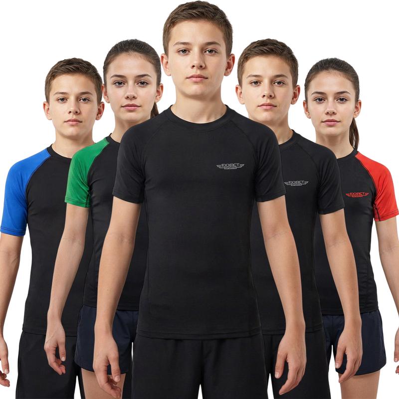 Exxact Sports Kids BJJ Rash Guard Short Sleeve, Ranked No Gi Jiu Jitsu Compression Shirt for Boys & Girls for MMA, Wrestling - (Black) Activewear
