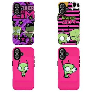 FL-Y2K Pink Invad3r Zim Gir Phone Case,Emo Y2K Striped & Skull Aesthetic Cover,Y2K Pink & Purple Cartoon Protective Cover For iPhone 11 12 13 14 15 16 17 Air Pro Max for Samsung S26 S25 S24 S23 S22 S21 Case,Gift for her/him