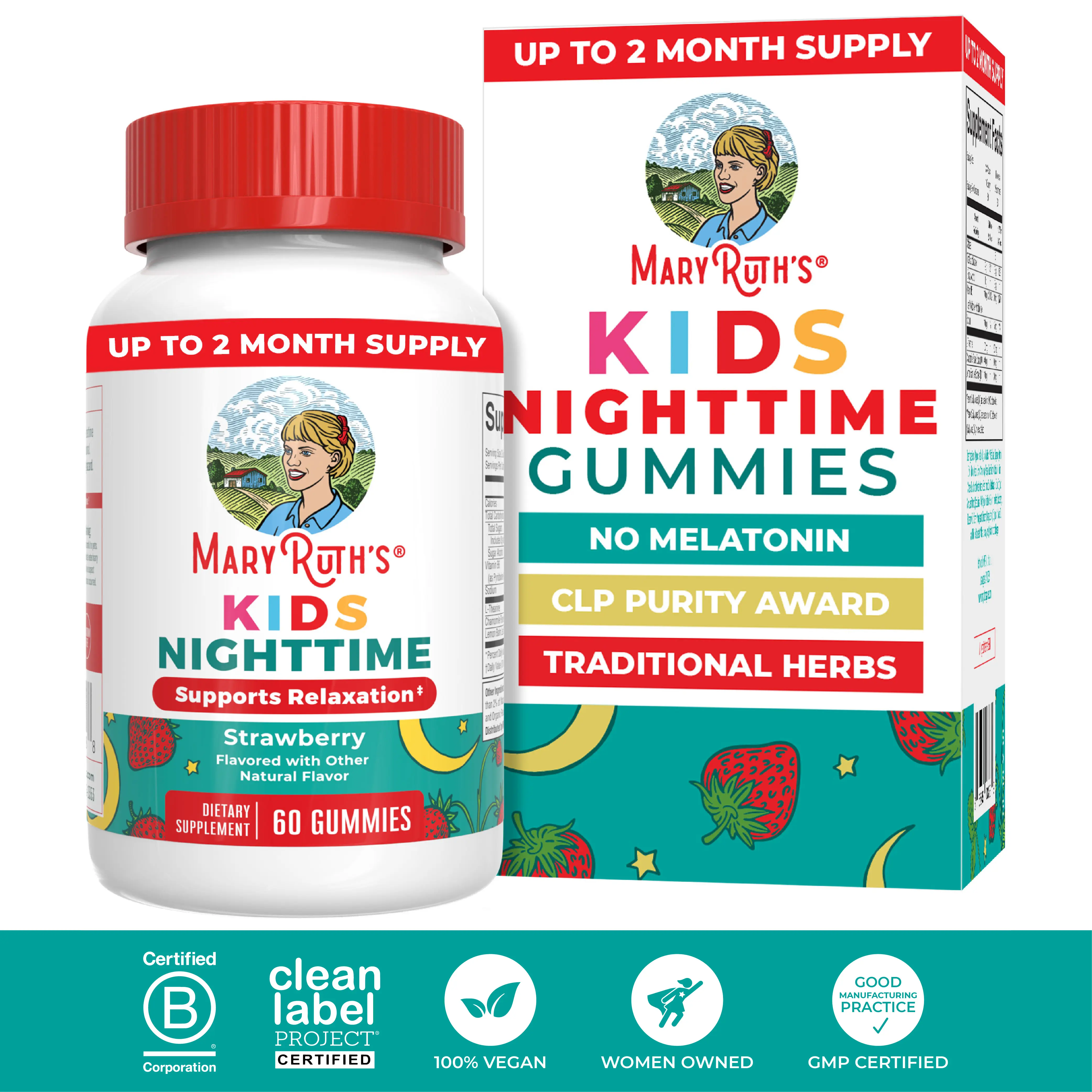 MaryRuth's Kids Nighttime Gummies - Sugar Free - NO Melatonin - L Theanine - Lemon Balm - Chamomile - Vitamin B6 - CLP Purity Award - Vegan - 60 Count