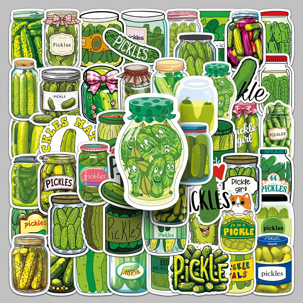 Cartoon Pickle Jar Pattern Sticker, 50pcs/set Waterproof Self Adhesive Decor Paper, Decor Sticker for Gift Greeting Card Water Bottle Laptop Phone Cellphone, Screen Protector