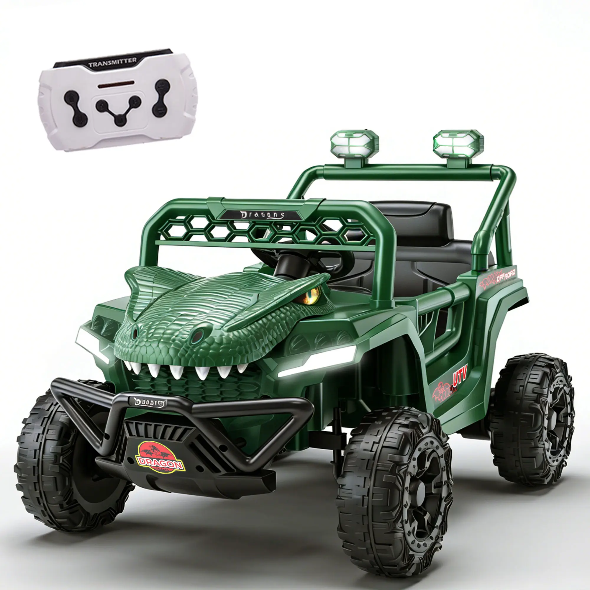 12V Dinosaur Ride On Car for Kids 2-4 Years Old, Toddler Electric UTV Kids Outdoor Equipment with Remote Control, Dual Motor 2WD, 4-Wheel Suspension, Bluetooth Music, Power Display