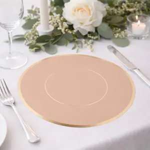 50 Pack Disposable Table Placemats 13" Round Dusty Rose with Gold Rim – Cardboard Charger Plates for Elegant Table Settings, 128 GSM
