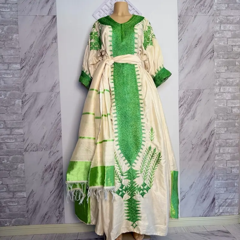 Ethiopian Traditional Gojamm Dress for Women with Green Embroidery and Cream Base - Womenswear - TikTok Shop Ethiopian Traditional Gojamm Dress for Women with Green Embroidery and Cream Base - Womenswear - TikTok Shop