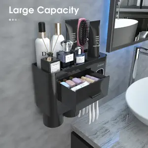 iHave Bathroom Toothbrush Holder Set Wall Mounted with Magnetic Cups, Automatic Toothpaste Dispenser, Large Capacity Storage Tray & Cosmetic Drawer, Dust-Proof Bathroom Organizer, Easy Install Family Bathroom Accessories & Smart Home Decor Essentials