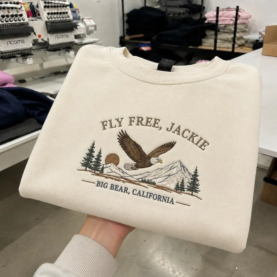 Fly Free Jackie, Big Bear Eagle Memorial Embroidered Sweatshirt, Memorial Eagle Crewneck, Bald Eagle Tribute, In Loving Memory Eagle
