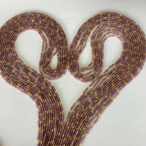 Majesty Tie on Waist Beads - Purple & Gold Glass Beads, 60 Inches Long, 3mm Size, Handcrafted, Easy to Wear, Unique Design, Ready to Ship